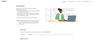 Meta ad library axtarış paneli — brend adı və ya açar söz ilə reklam axtarışı nümunəsi